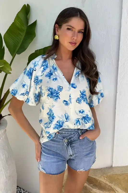Blue And Cream Floral Print V-Neck Puff Sleeve Top