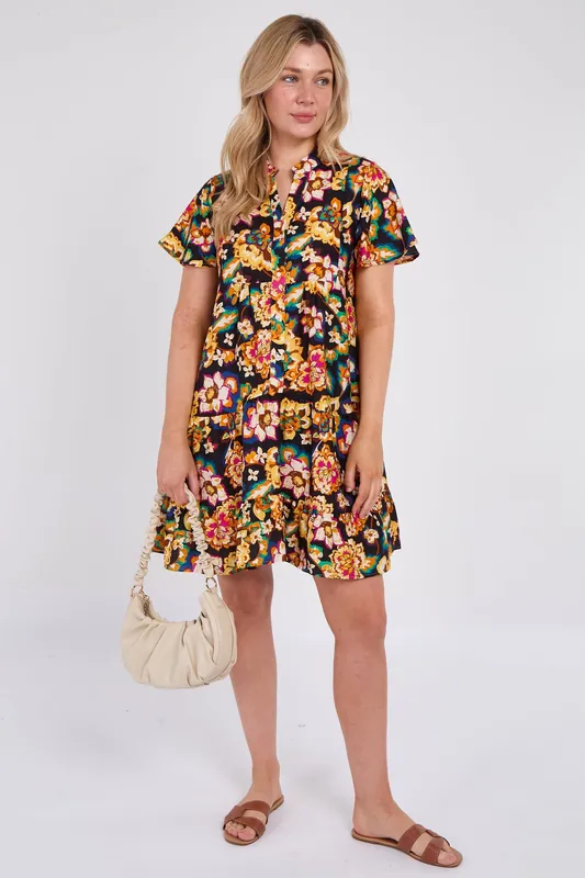 Black Bloom Print Ruffle Hem Mini Shirt Dress - Love Sunshine
