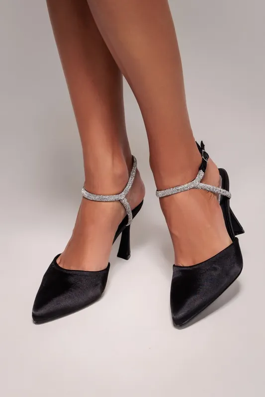 Diamante Embellished Satin Slingback Court Heels - Goddiva