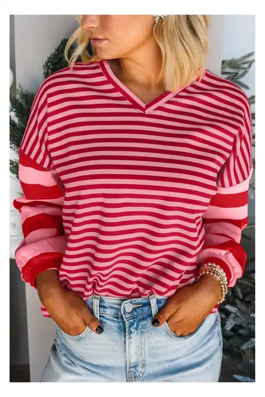 Strawberry Pink Mix Striped Drop Shoulder Patchwork Sleeve V Neck - Everyday The Label