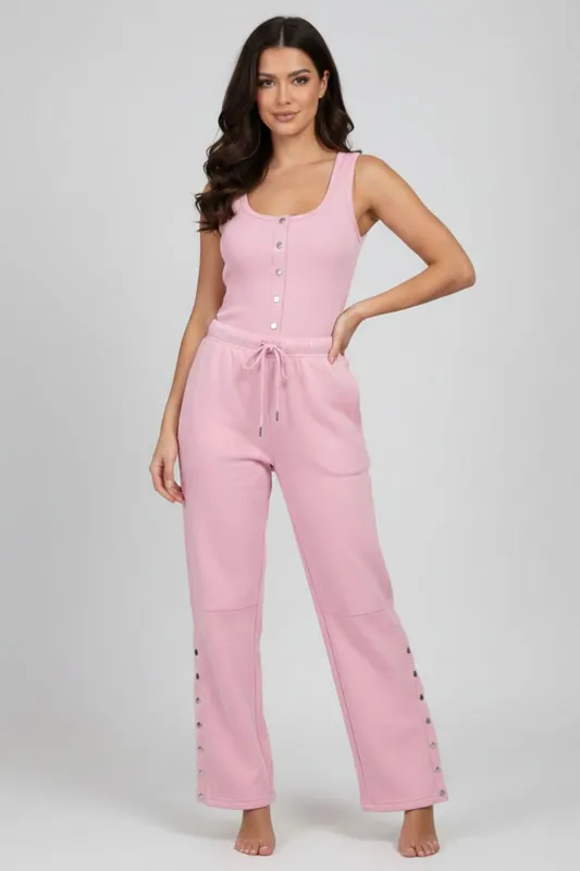 Button Detail Ribbed Bodysuit and Fleece Jogger Two-Piece Set