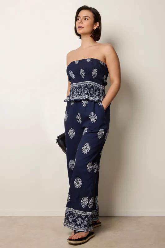 Navy Smocked Top & Wide-Leg Trouser Set