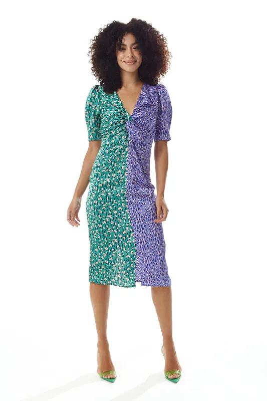 Green and Purple Abstract Print Knot Front Midi Dress - Liquorish