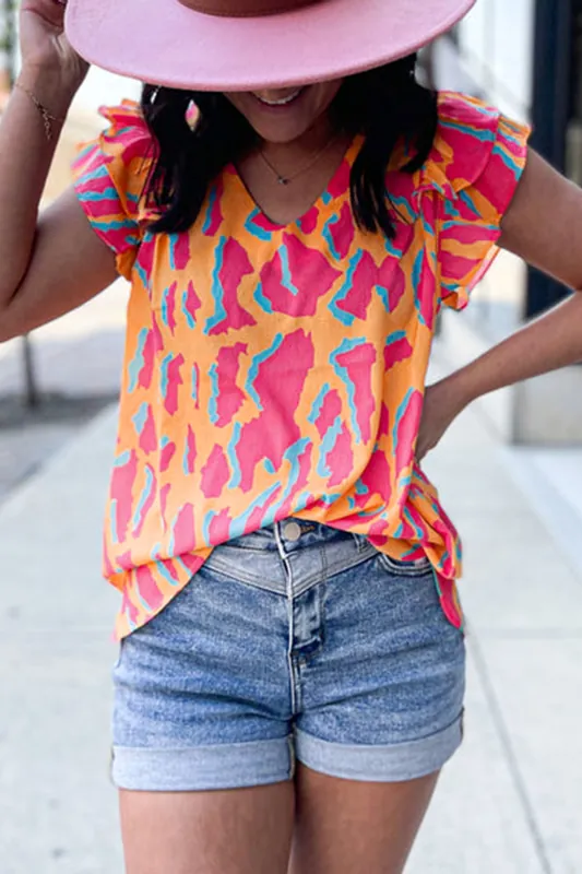 Orange Abstract Print V Neck Ruffled Sleeve Blouse - Everyday The Label