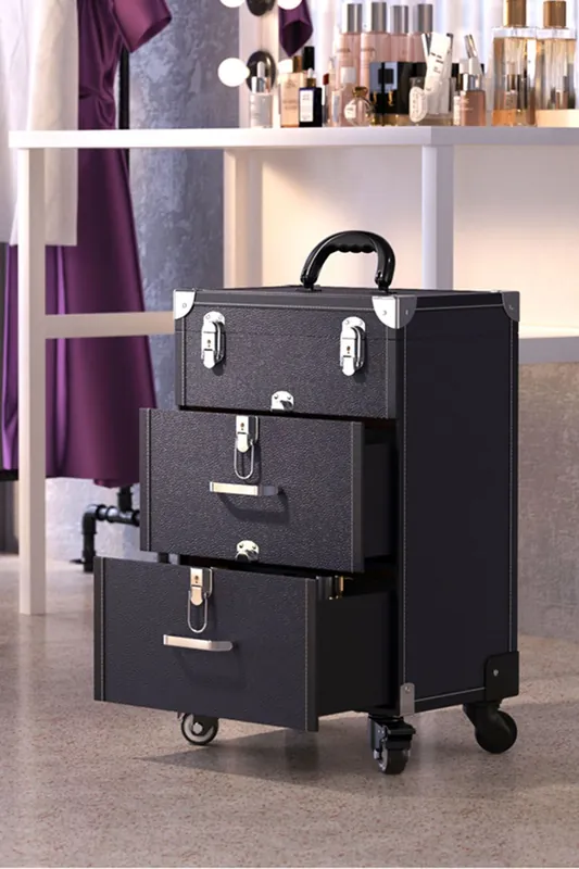 Professional 3-in-1 Rolling Cosmetic Cases Makeup Trolley Nail Luggage Storage Organizer