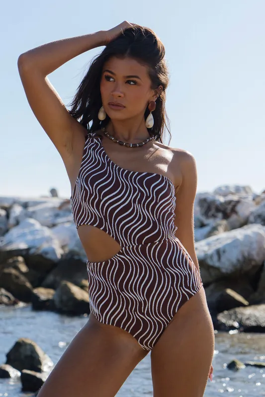 Brown Textured Abstract One Shoulder Swimsuit - Gini London