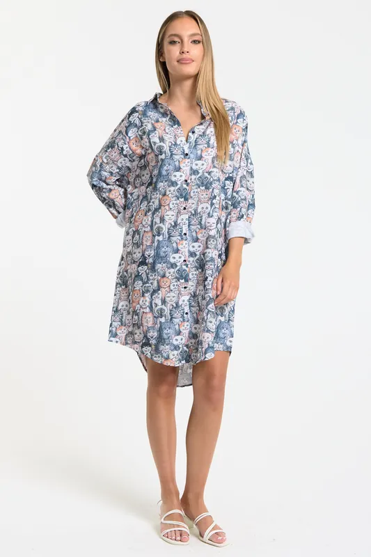 Oversized Cat Print Shirt Dress - Liquorish