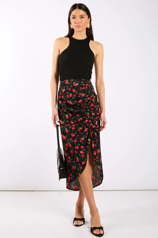 Black Floral Ruche Side Midi Skirt - Needs No Label