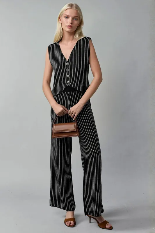 Striped Knit Co-Ord Set with V-Neck Vest and Wide Leg Pants
