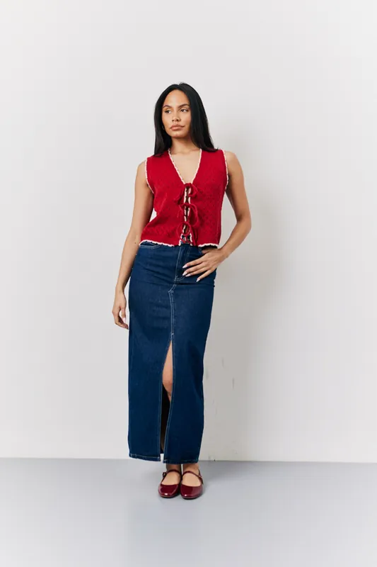 Red Contrast Edge Tie Front Knitted Waistcoat - In The Style