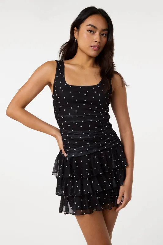 Black Polka Dot Square Neck Mesh Dress - Pink Vanilla