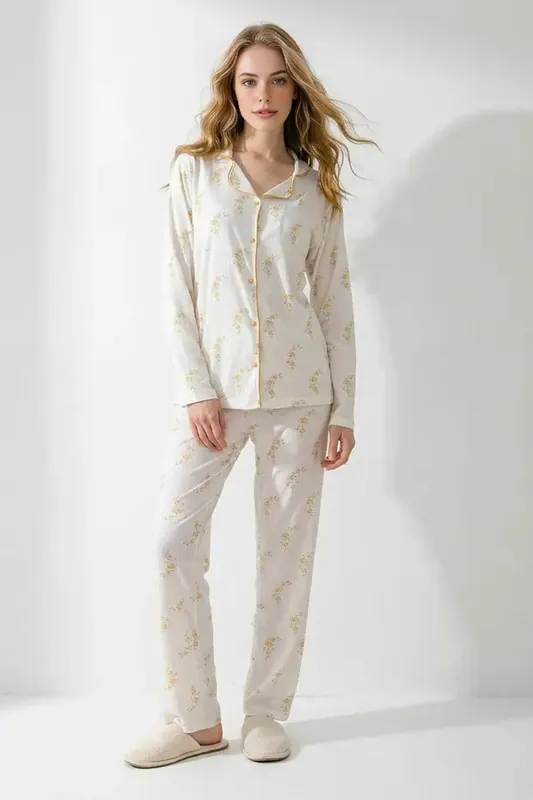 Floral Print Piped Revere Collar Long Sleeve Pyjama Set - WOVCOR