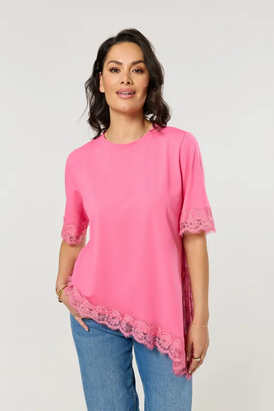 Pink Asymmetric Lace Trim Cotton T-Shirt