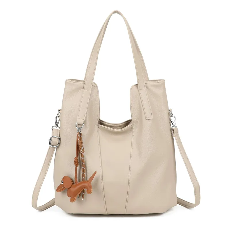 Large Pebbled Faux Leather Tote Bag with Dog Charm - Kitise