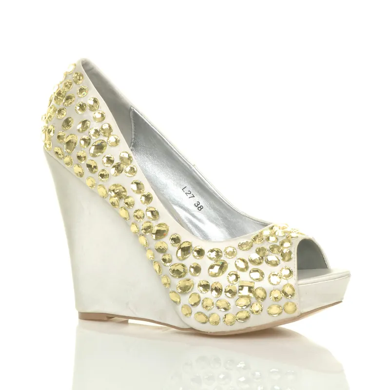 High Wedge Heel Embellished Gem Peep Toe Court Shoes - AJVANI