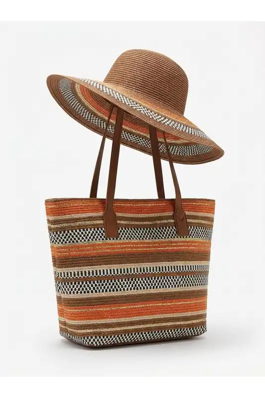 Saoirse Woven Geometric Striped Tote Bag Set - IKRUSH