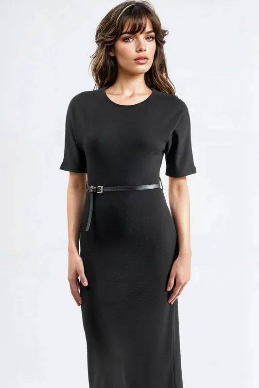 Belted Short Sleeve Midi Dress - Busem