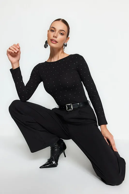 Cotton Knit Bodysuit with Shiny Stone Detail - WOVCOR