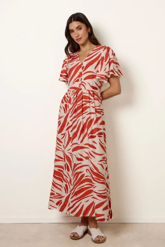 Orange Dress With Brushstroke Leaf Print - Blue Vanilla