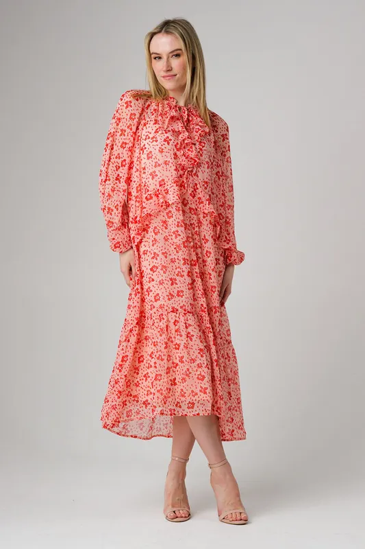 Floral Tie Neck Frill Detail Midi Dress - Wednesday's Girl