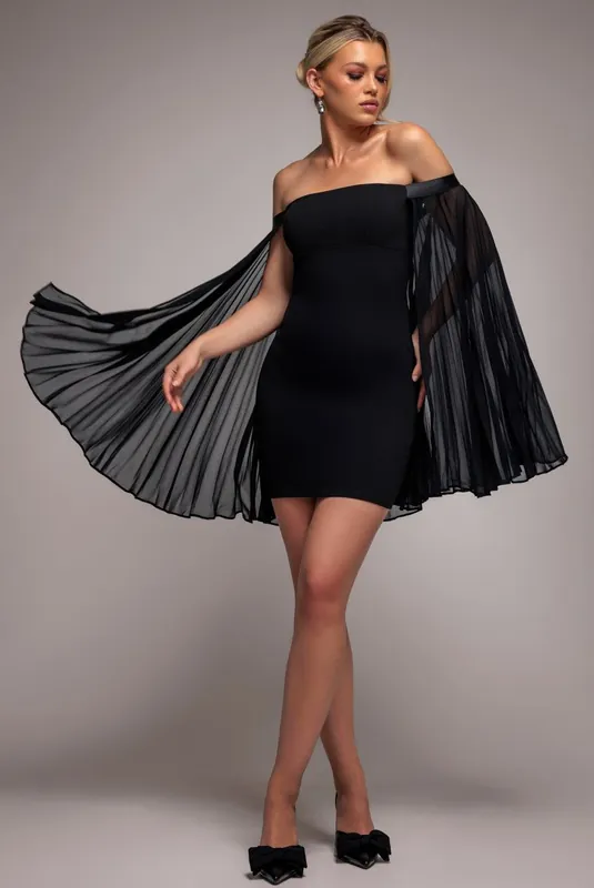 Strapless Mini Dress With Pleated Chiffon Cape - Goddiva
