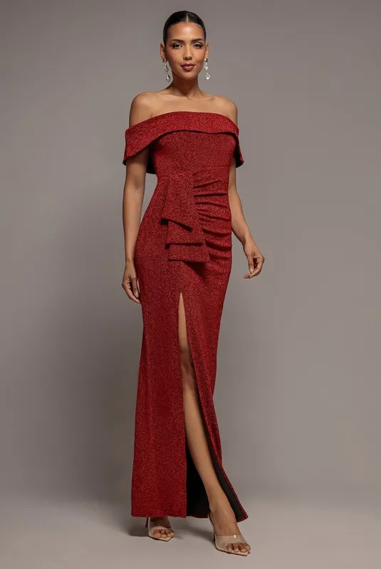 Sparkle Bardot Maxi With Waterfall Ruffle - Goddiva