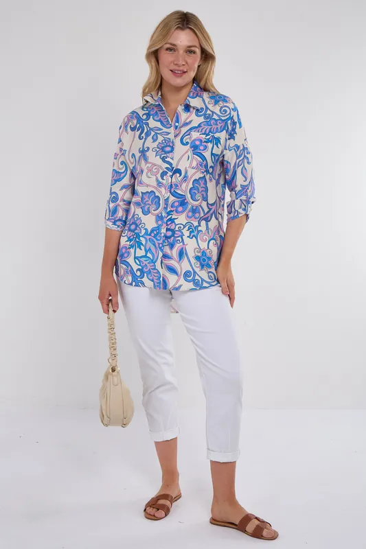 Blue and Pink Swirl Floral Print Long Sleeve Shirt - Love Sunshine