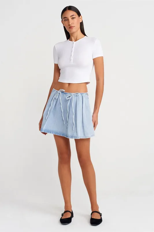 Cotton Denim Mini A-Line Skirt With Bow Detail
