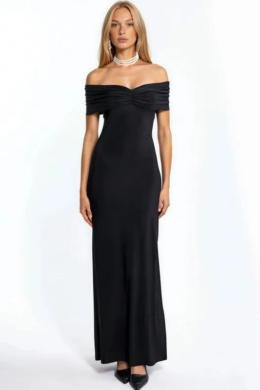 Off Shoulder Slit Detailed Sandy Maxi Dress - Hiccup