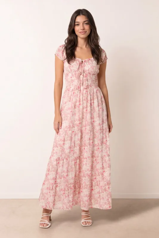 Pink Double Front Tie Shirred Ditsy Floral Maxi Dress - Blue Vanilla