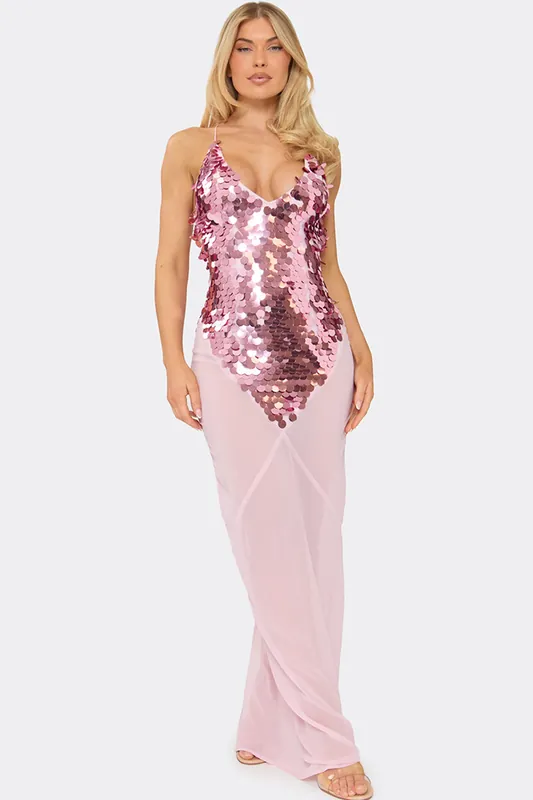 Strappy Plunging Neckline Sequin Maxi Dress - EGO