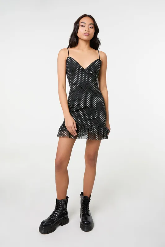 Black Polka Dot Mesh Cap Sleeve Mini Dress - Pink Vanilla