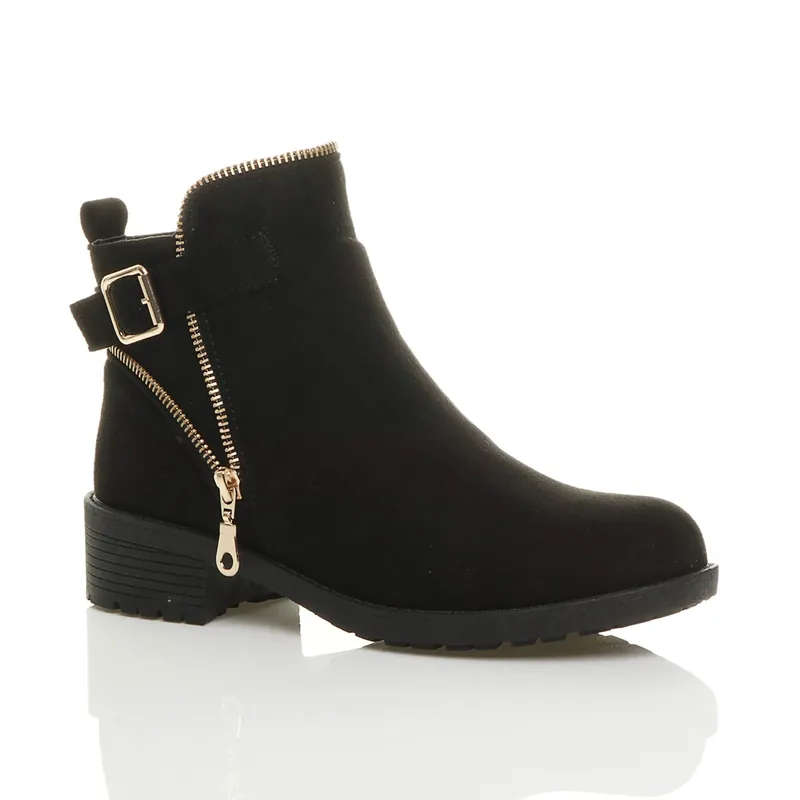 Low Heel Gold Zip Ankle Boots - AJVANI