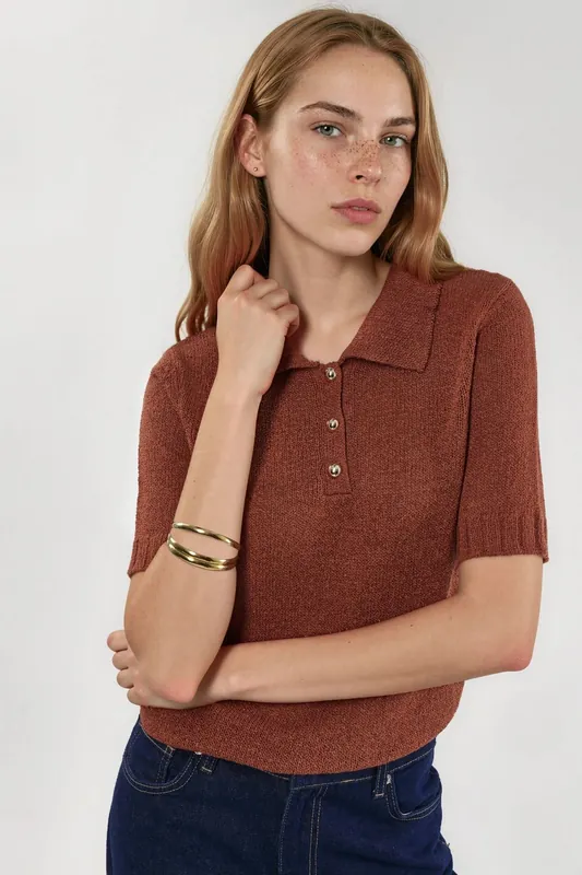 Textured Knit Polo Collar Top - Hiccup