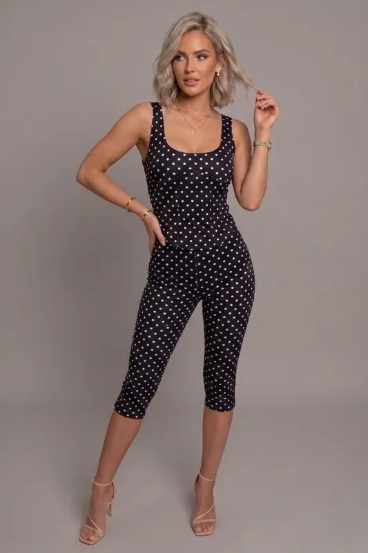 Polka Dot Ruched Sleeveless Top and High Waist 34 Co-Ord