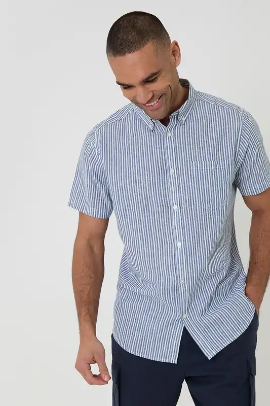 Stripe Linen Cotton Blend Short Sleeve Shirt - Threadbare