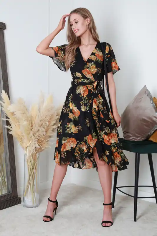 Black Orange Printed Dobby Midi Wrap Dress - DOUBLE SECOND