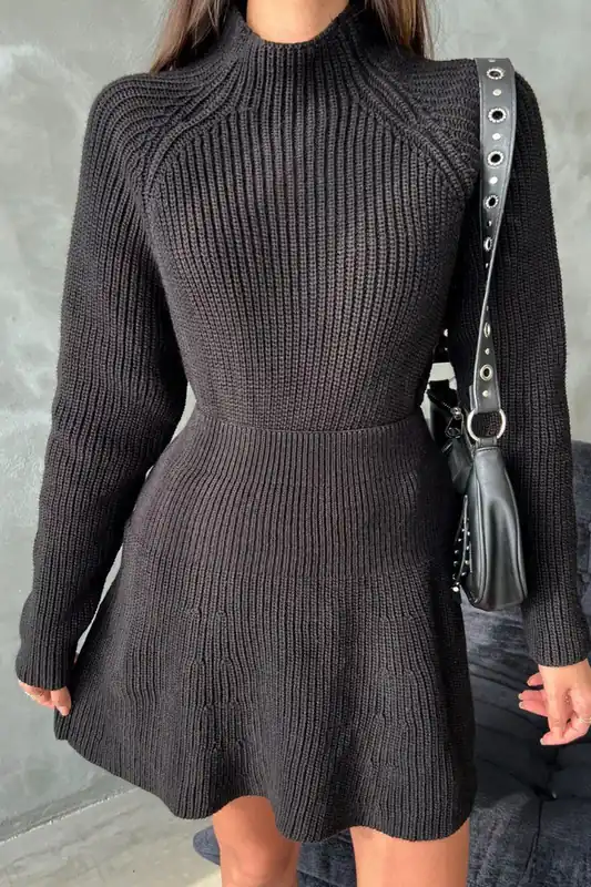2 Pieces: High Neck Knitted Sweater & High Waist Skater Skirt - Hiccup