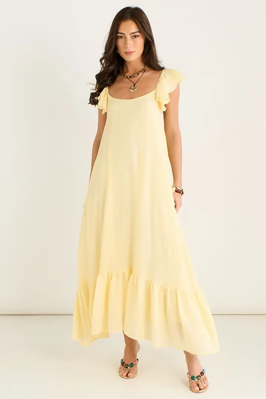 Lemon Ruffle Short Sleeve Viscose Maxi Dress - Gini London