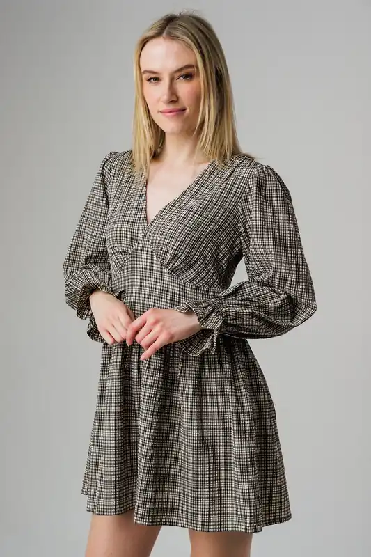 Check Print V Neck Frill Cuff Long Sleeve Mini Dress - Wednesday's Girl