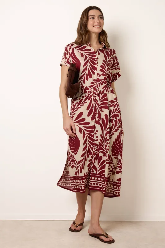 Wine Tropical Leaf Print Belted Shirt Dress - Blue Vanilla