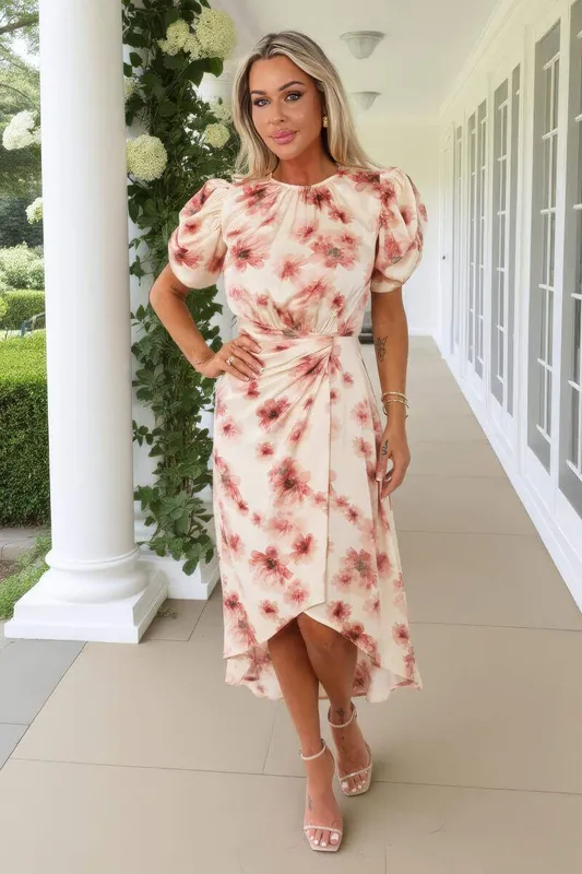 Blush Floral Print Puff Sleeve Gathered Side Midi Dress - AX Paris