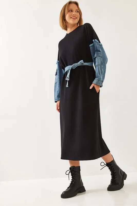Textured Denim Midi Dress with Crew Neck - Bianco Lucci