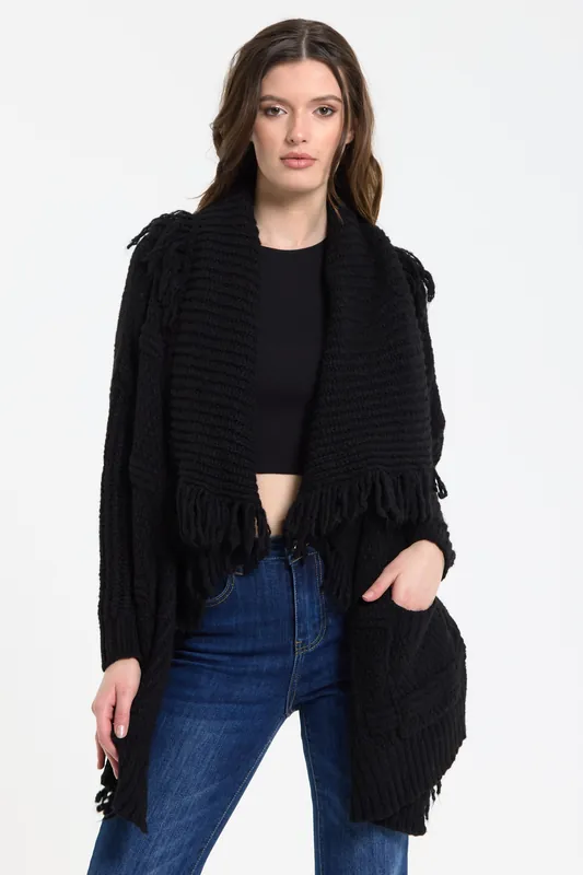 Black Fringe Knit Cardigan - Liquorish