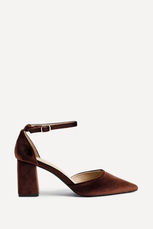 Glam Brown Velvet Pointed Block Heel Courts - Linzi