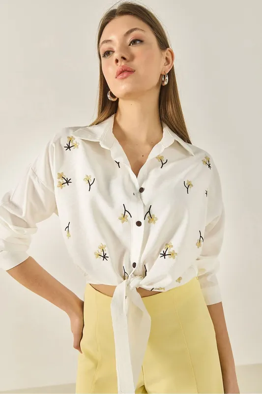 Embroidered Poplin Shirt with Button Closure - Bianco Lucci