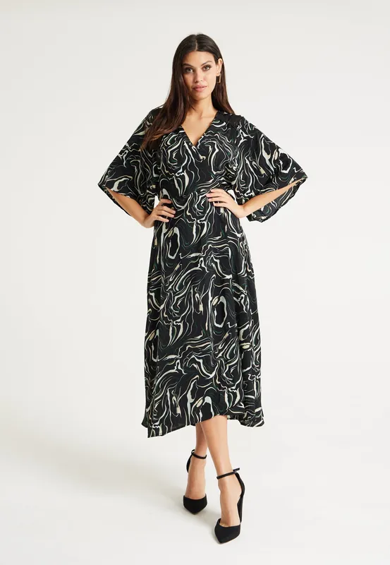 Scribble Print Maxi Wrap Dress With Kimono Sleeves In Black - Liquorish