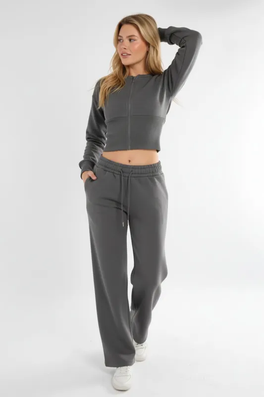 Cropped Zip Up Sweatshirt and Wide Leg Trouser Tracksuit - STYLEWISE