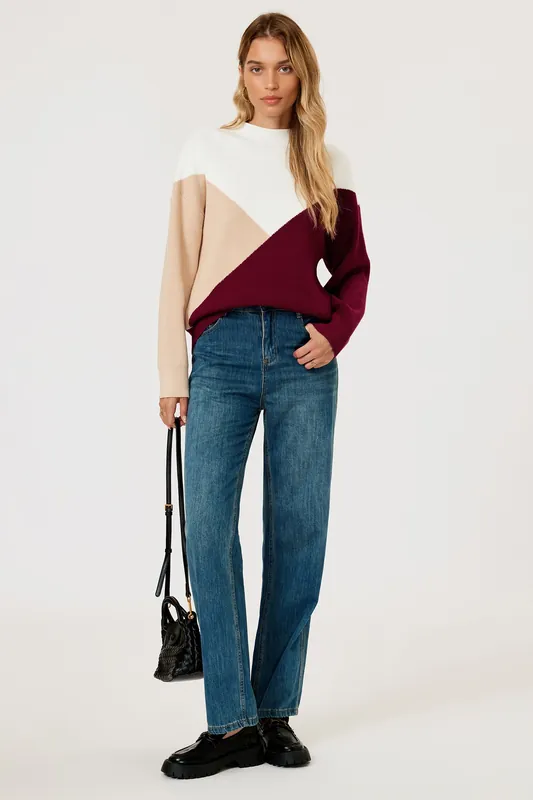 Colour Block Jumper Top In Camel & Wine & White - FS Collection