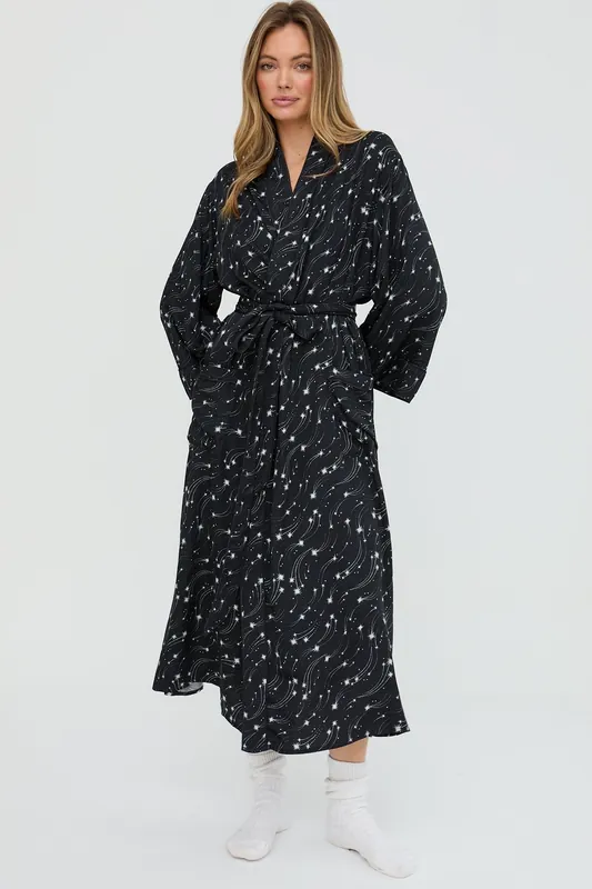 Corina Kimono Style Shooting Star Print Robe In Black - Lily and Lionel